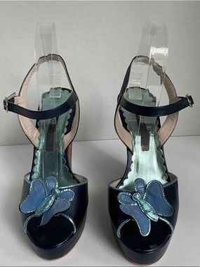 Marc Jacobs Navy Platform Slingback Heels with Teal Butterfly Appliqué